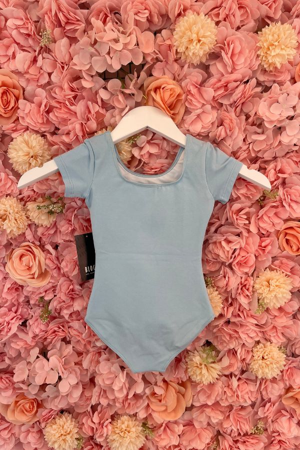 Bloch CL5402 Short Sleeve Girls Leotard back view in Pastel Blue at The Dance Shop Long Island