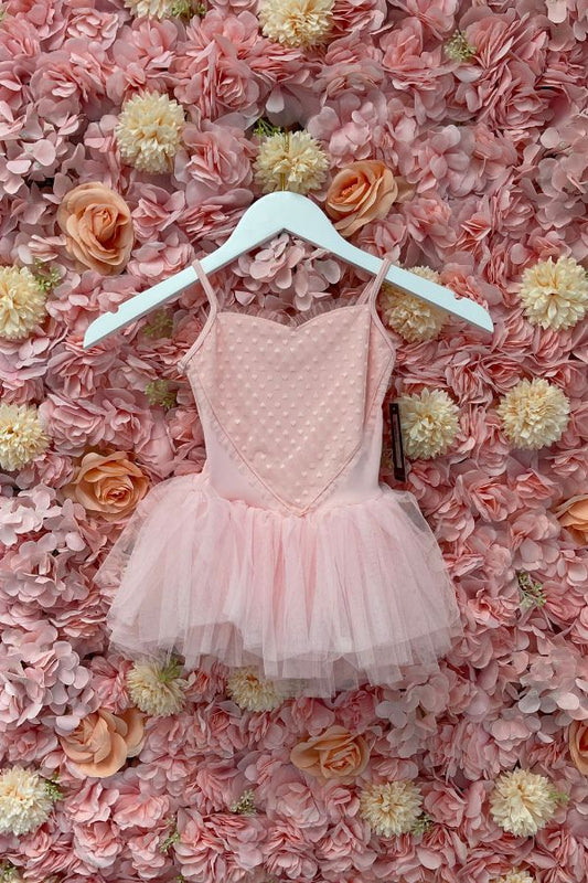 Bloch Girls Heart Mesh Tutu Leotard Dress in Candy Pink Style 8168 at The Dance Shop Long Island