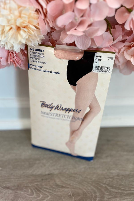 Body Wrappers Adult Classic Mesh Back Seam Convertible Tights in Classic Ballet Pink Style A46 at The Dance Shop Long Island