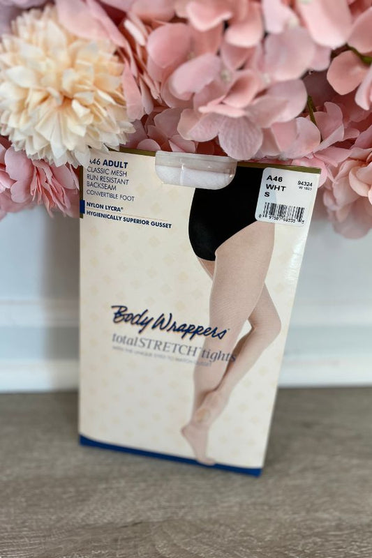 Body Wrappers Adult Classic Mesh Back Seam Convertible Tights in White A46 at The Dance Shop Long Island