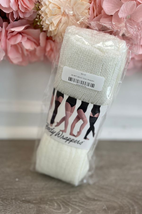 Body Wrappers Extra Long 48 inch leg warmers in white Style 92 at The Dance Shop Long Island