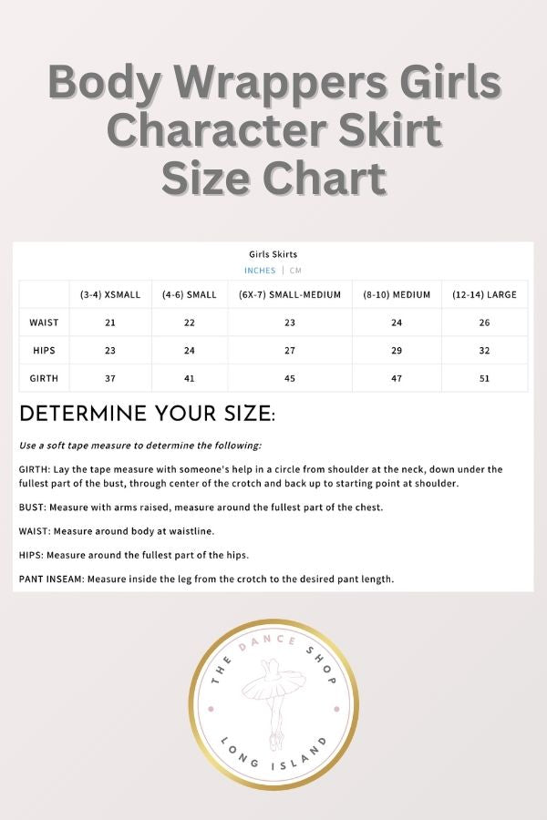 Body Wrappers Girls Character Skirt Size Chart at The Dance Shop Long Island