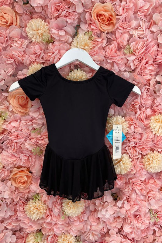 Body Wrappers Girls Prowear Short Sleeve Chiffon Skirted Leotard in Black Style BWP191 at The Dance Shop Long Island