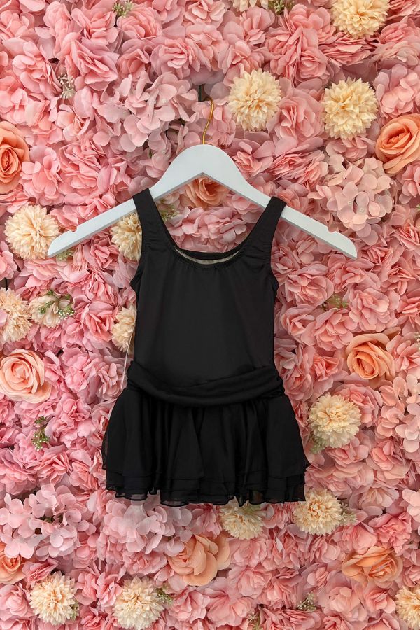 Body Wrappers Tank Leotard Dress with Chiffon Skirt in Black Style 2232 at The Dance Shop Long Island