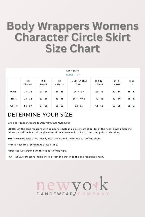 Body Wrappers Women's Circle Skirt Size Chart at The Dance Shop Long Island