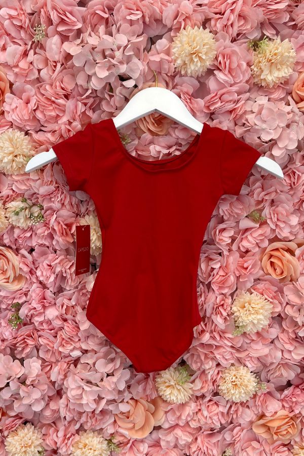 Capezio Children's Short Sleeve Nylon Leotard in Red Style TB132C at The Dance Shop Long Island