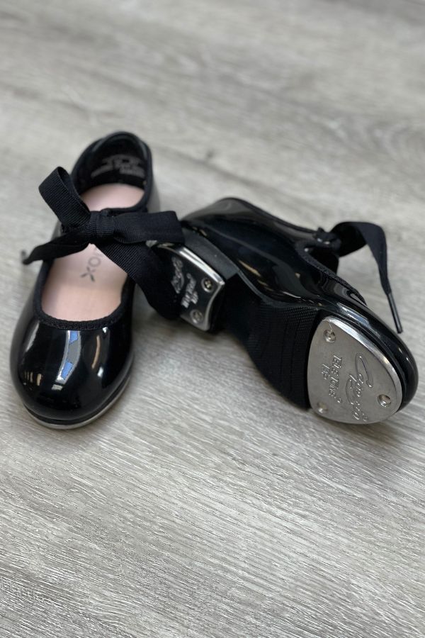 Capezio Adult Jr. Tyette Tap Shoes in Black Patent with Ribbon Ties Style N625 at The Dance Shop Long Island