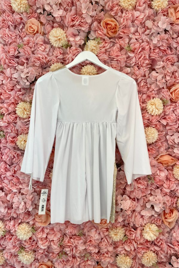 Girls White Gold Stained Glass Asymmetrical Bell Sleeve Tunic by Body Wrappers at The Dance Shop Long Island
