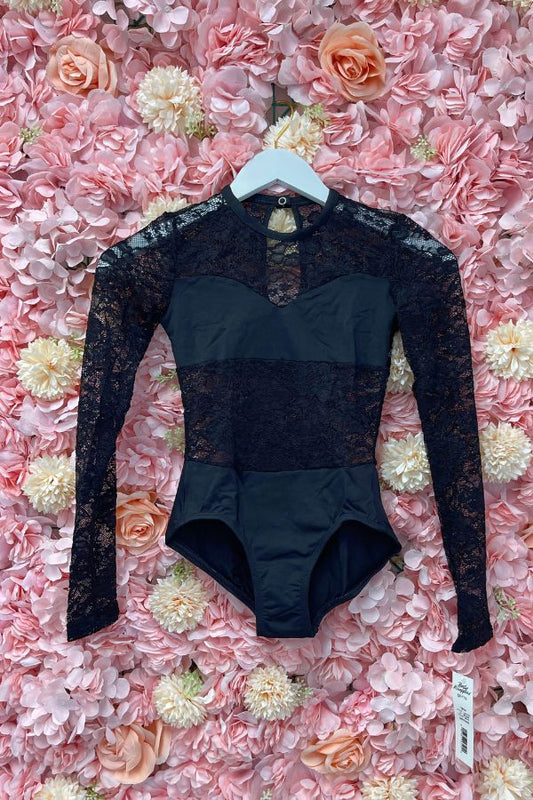 Body Wrappers Girls Black Leotard with Lace Body and Sleeves in Black Style LC110 at The Dance Shop Long Island