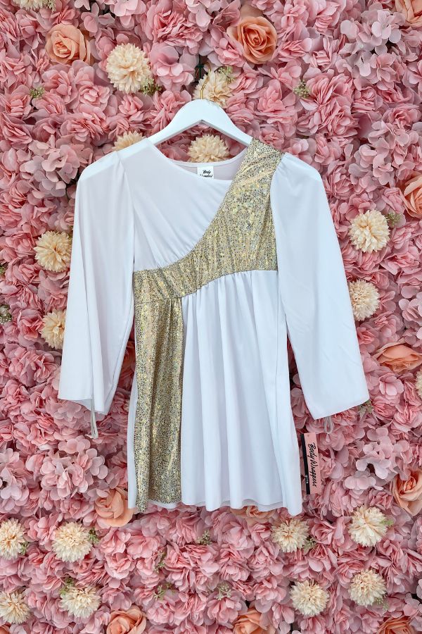 Girls White Gold Stained Glass Asymmetrical Bell Sleeve Tunic by Body Wrappers at The Dance Shop Long Island