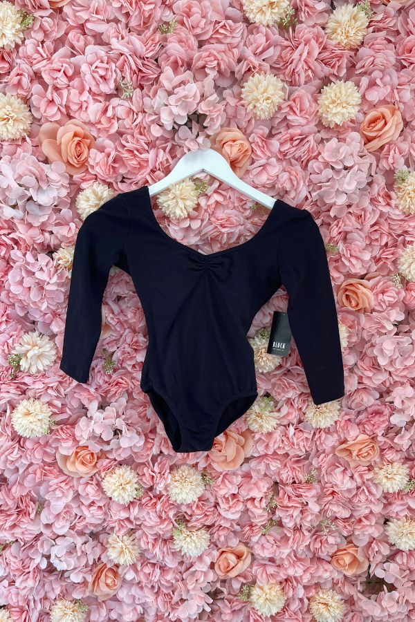 Ladies Pinch Front Three Quarter Sleeve Black Leotard L5436 at The Dance Shop Long Island