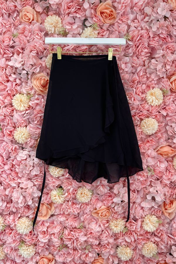 Mirella Ladies Georgette Knee Length Wrap Skirt in black at The Dance Shop Long Island