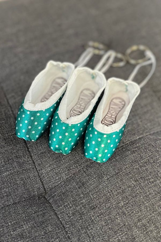 Pillows for Pointes Minishooz Mini Pointe Shoe Keychain in Green Polka Dot at The Dance Shop Long Island
