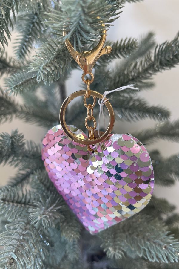 Reversible sequin pink heart keychain for your dance bag at The Dance Shop Long Island