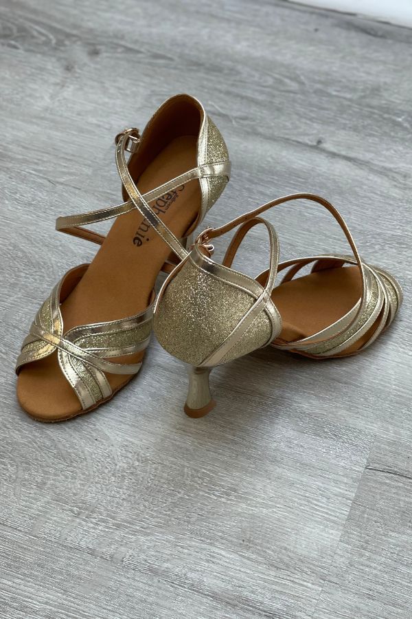 Stephanie Ballroom Women's Gold Leather with Glitter Accents Ballroom Shoe with 2.5 inch heel at The Dance Shop Long Island