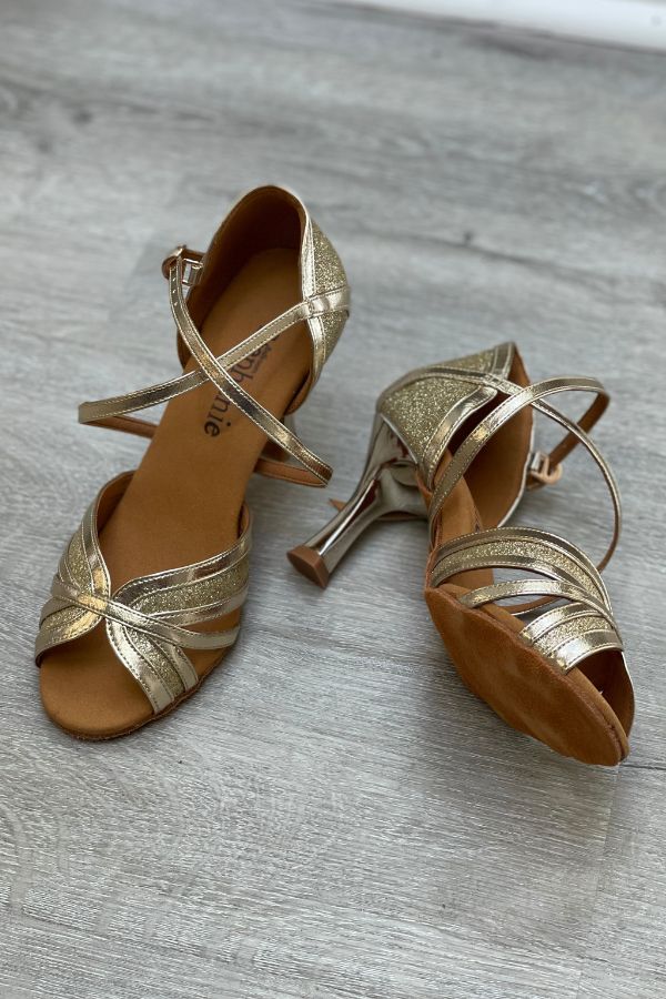 Stephanie Ballroom Women's Gold Leather with Glitter Accents Ballroom Shoe with 2.5 inch heel at The Dance Shop Long Island
